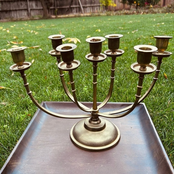 Vintage Solid Brass Mid Century Candelabra  | Menorah 7 Arm Candle Holder - Picture 6 of 9